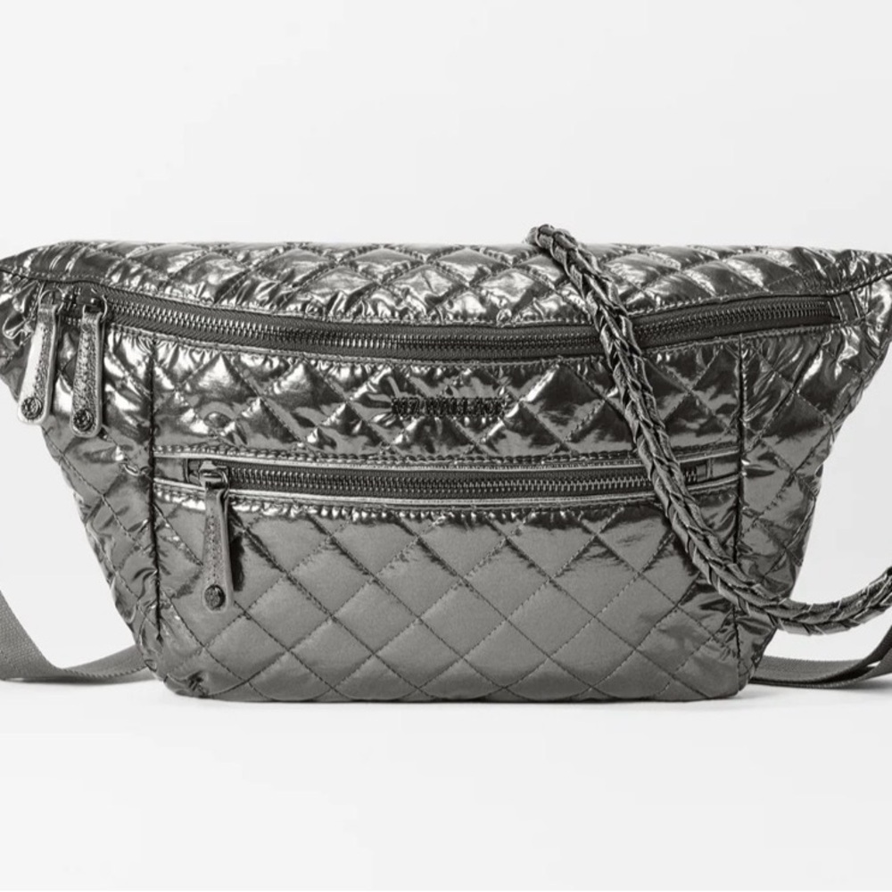 MZ Wallace Quilted Metallic Silver Crossbody Belt Bag